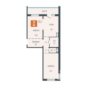 2-к квартира, сданный дом, 52м2, 7/10 этаж
