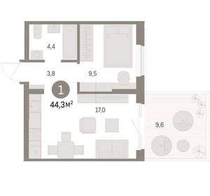 1-к квартира, вторичка, 44м2, 2/15 этаж
