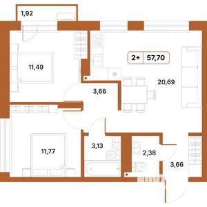 2-к квартира, строящийся дом, 58м2, 3/14 этаж