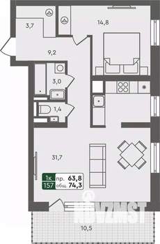 1-к квартира, строящийся дом, 74м2, 2/7 этаж