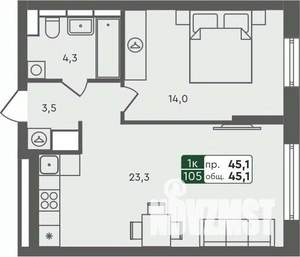 1-к квартира, строящийся дом, 45м2, 2/7 этаж