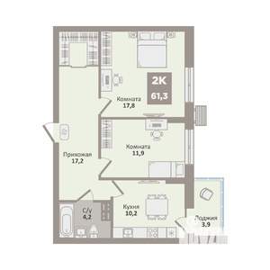 2-к квартира, вторичка, 61м2, 9/9 этаж