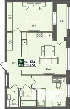 2-к квартира, строящийся дом, 68м2, 3/7 этаж