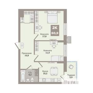2-к квартира, вторичка, 61м2, 7/9 этаж