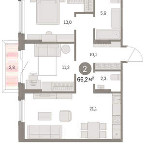 2-к квартира, вторичка, 66м2, 2/15 этаж