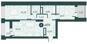 2-к квартира, вторичка, 68м2, 7/12 этаж