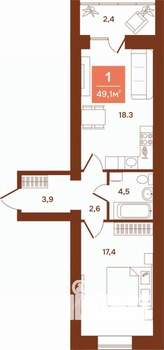 1-к квартира, строящийся дом, 49м2, 4/9 этаж