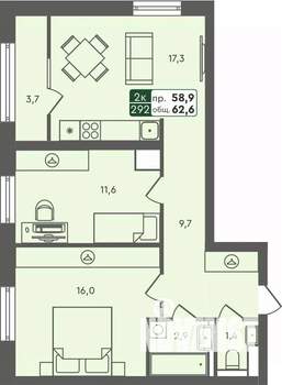 2-к квартира, строящийся дом, 63м2, 7/7 этаж