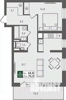 1-к квартира, строящийся дом, 74м2, 2/7 этаж