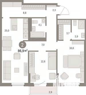 2-к квартира, вторичка, 87м2, 9/15 этаж