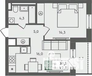 1-к квартира, строящийся дом, 43м2, 5/7 этаж