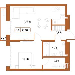 1-к квартира, строящийся дом, 52м2, 13/14 этаж
