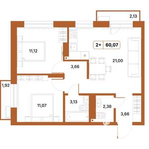 2-к квартира, строящийся дом, 60м2, 8/14 этаж