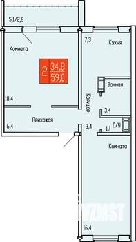 2-к квартира, строящийся дом, 59м2, 8/10 этаж