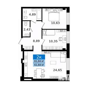 2-к квартира, вторичка, 62м2, 1/12 этаж