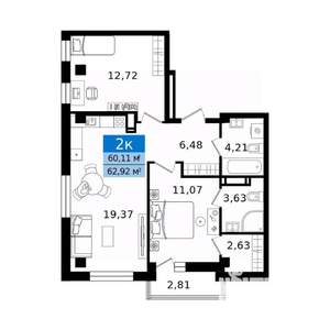 2-к квартира, вторичка, 63м2, 14/16 этаж