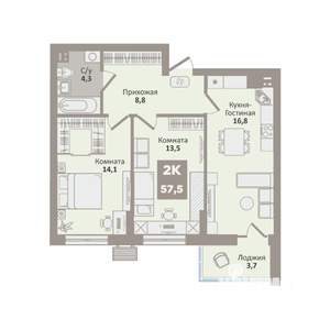 2-к квартира, вторичка, 58м2, 6/9 этаж