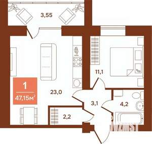 1-к квартира, строящийся дом, 47м2, 8/9 этаж