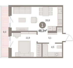 1-к квартира, вторичка, 48м2, 4/15 этаж