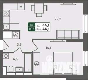 1-к квартира, строящийся дом, 44м2, 2/7 этаж