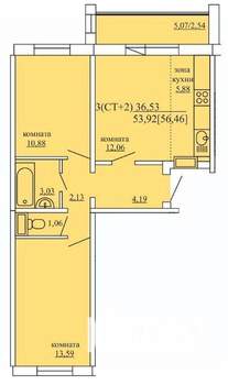3-к квартира, сданный дом, 56м2, 4/10 этаж