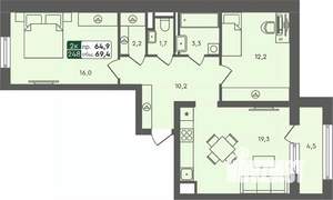 2-к квартира, строящийся дом, 69м2, 4/7 этаж