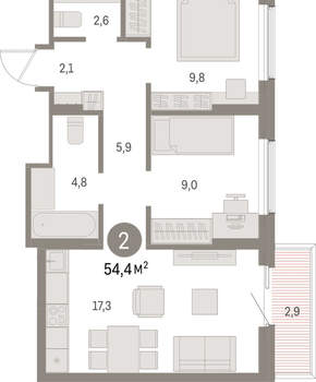2-к квартира, вторичка, 54м2, 7/15 этаж