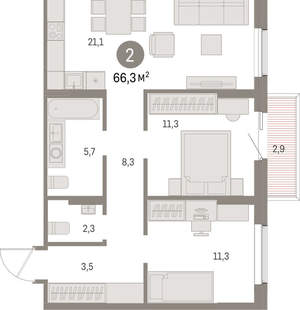 2-к квартира, вторичка, 66м2, 3/15 этаж