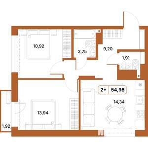 2-к квартира, строящийся дом, 55м2, 3/14 этаж