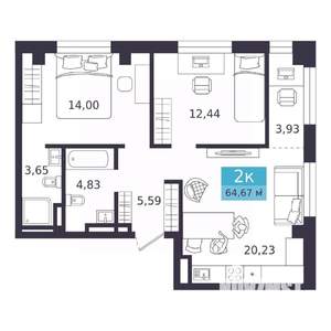 2-к квартира, вторичка, 65м2, 3/9 этаж