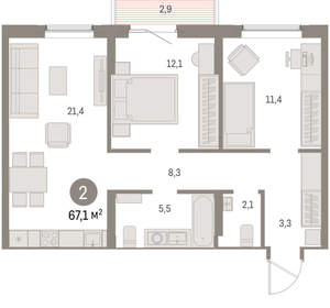 2-к квартира, вторичка, 67м2, 8/15 этаж