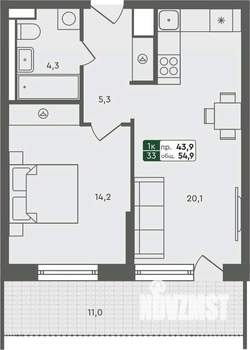1-к квартира, строящийся дом, 55м2, 2/7 этаж