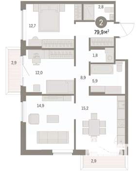 2-к квартира, вторичка, 80м2, 6/9 этаж