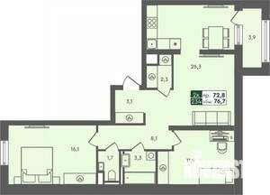 2-к квартира, строящийся дом, 77м2, 6/7 этаж