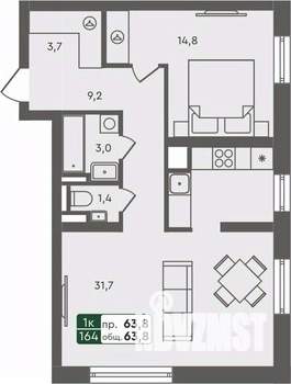 1-к квартира, строящийся дом, 64м2, 3/7 этаж