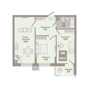 2-к квартира, вторичка, 60м2, 3/9 этаж
