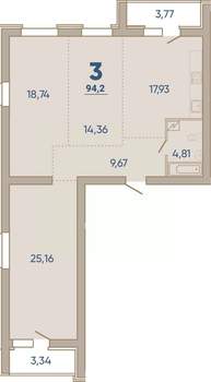 3-к квартира, сданный дом, 94м2, 1/7 этаж