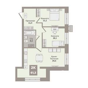 2-к квартира, вторичка, 61м2, 1/9 этаж