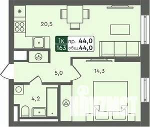 1-к квартира, строящийся дом, 44м2, 4/7 этаж