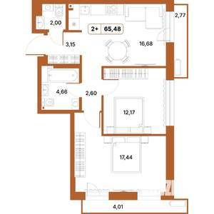 2-к квартира, строящийся дом, 65м2, 2/14 этаж