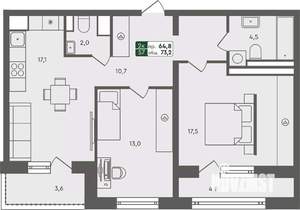 2-к квартира, строящийся дом, 73м2, 6/7 этаж