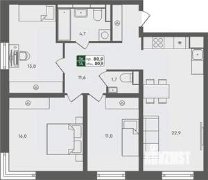 3-к квартира, строящийся дом, 81м2, 3/7 этаж