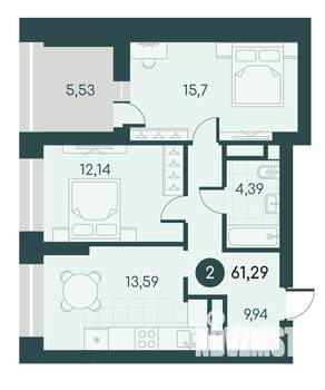 2-к квартира, вторичка, 61м2, 4/12 этаж