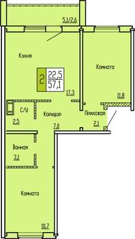 2-к квартира, строящийся дом, 57м2, 4/10 этаж