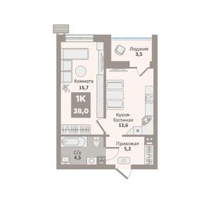 1-к квартира, вторичка, 38м2, 6/9 этаж