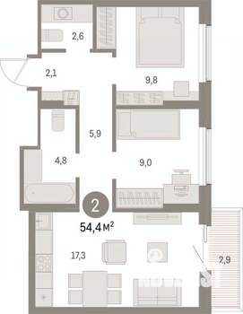 2-к квартира, вторичка, 54м2, 7/15 этаж