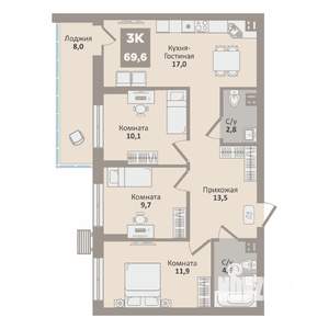 3-к квартира, вторичка, 70м2, 8/9 этаж
