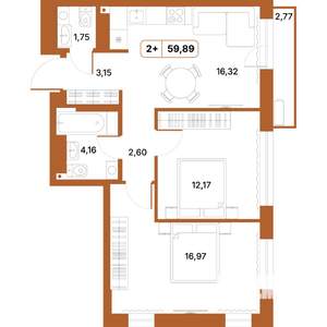 2-к квартира, строящийся дом, 60м2, 14/14 этаж