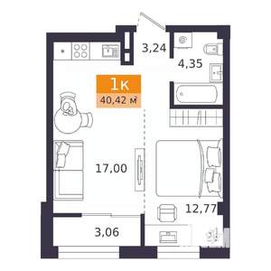 1-к квартира, вторичка, 40м2, 2/9 этаж