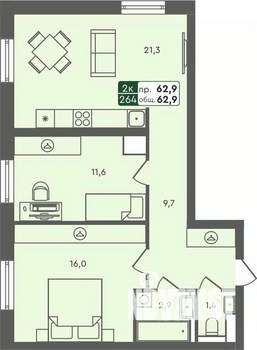 2-к квартира, строящийся дом, 63м2, 4/7 этаж